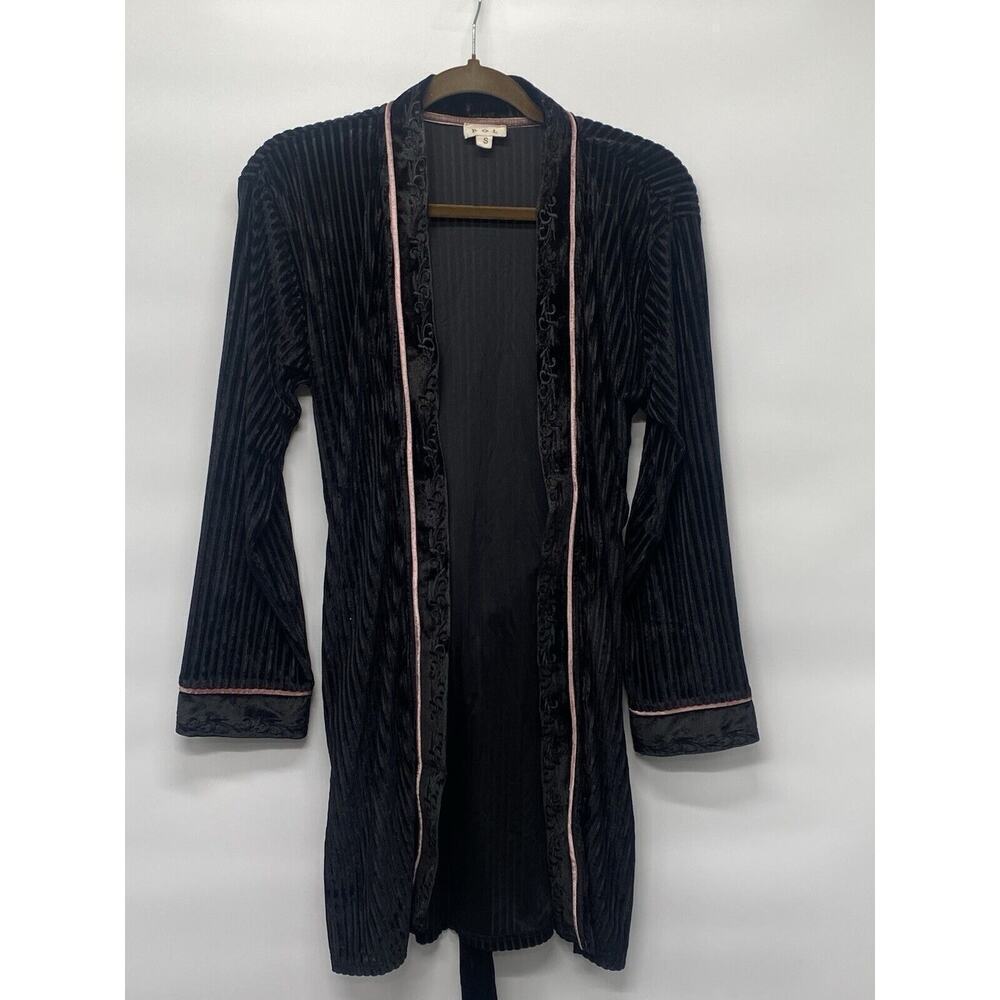 POL Women’s Wrap Style Black Velvet Striped‎ Dressing Gown Robe Sz S Loungewear